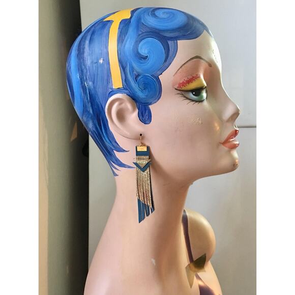 Artisan Handmade Metallic Gold And Green Leather Fringe Western Earrings - Picture 2 of 3